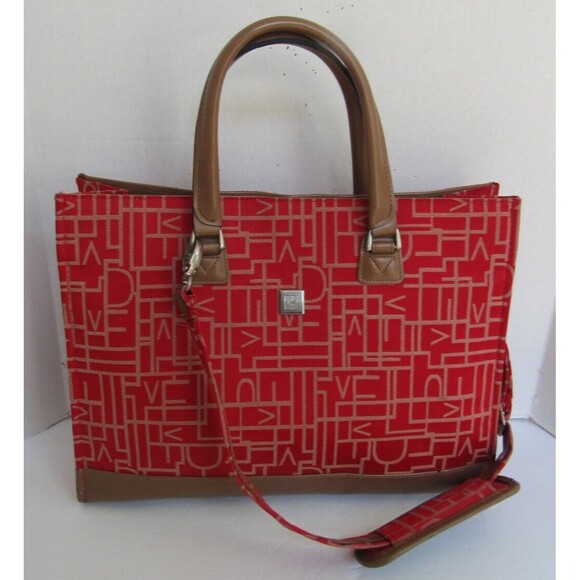 Diane Von Furstenberg Tote Bag Large Red Monogram Weekend Travel Canvas Leather - Picture 1 of 8